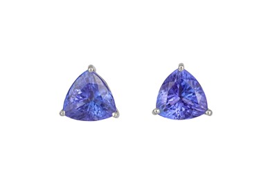 Lot 358 - A PAIR OF TANZANITE EARRINGS, the trillion...