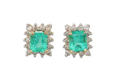 Lot 277 - A PAIR OF EMERALD AND DIAMOND CLUSTER EARRINGS,...