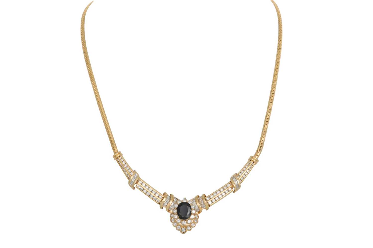 Lot 280 - A SAPPHIRE AND DIAMOND CLUSTER NECKLACE, the...
