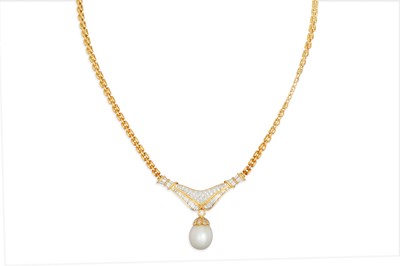 Lot 424 - A PEARL AND DIAMOND PENDANT, the shaped panel...