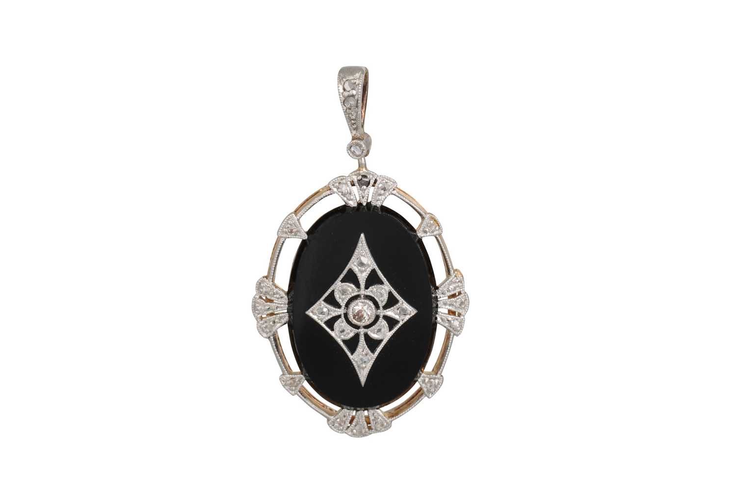 Lot 312 - AN ANTIQUE ONYX AND DIAMOND PENDANT, of plaque...