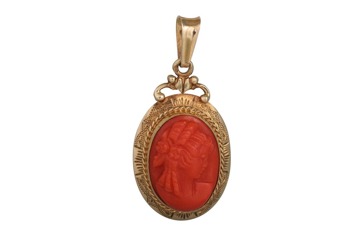 Lot 165 - A CORAL CAMEO PENDANT, depicting a lady, 14ct...