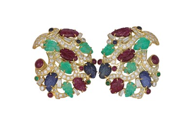 Lot 393 - A PAIR OF RUBY, EMERALD, SAPPHIRE AND DIAMOND...