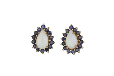Lot 28 - A PAIR OF OPAL AND SAPPHIRE CLUSTER EARRINGS,...