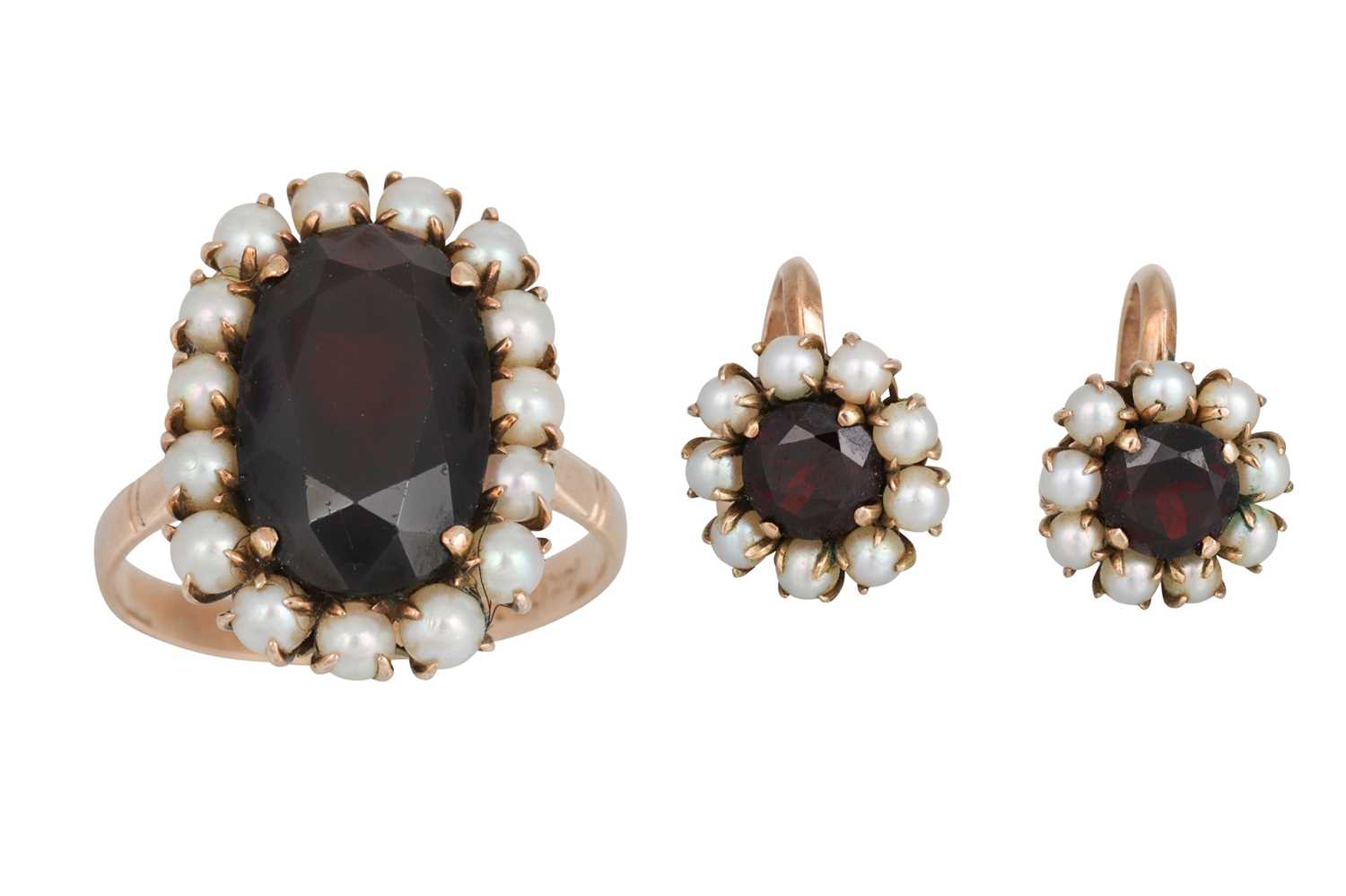 Lot 30 - A PAIR OF ANTIQUE GARNET AND PEARL CLUSTER...