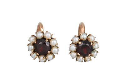 Lot 30 - A PAIR OF ANTIQUE GARNET AND PEARL CLUSTER...