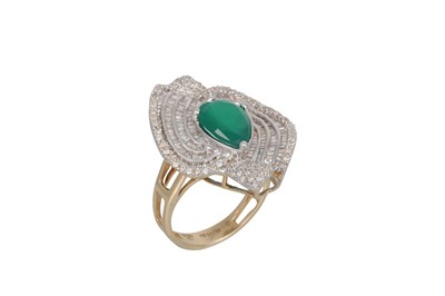 Lot 31 - A DIAMOND AND CHRYSOPRASE RING, the large pear...