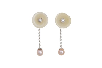 Lot 32 - A PAIR OF DIAMOND AND WHITE JADE EARRINGS, the...