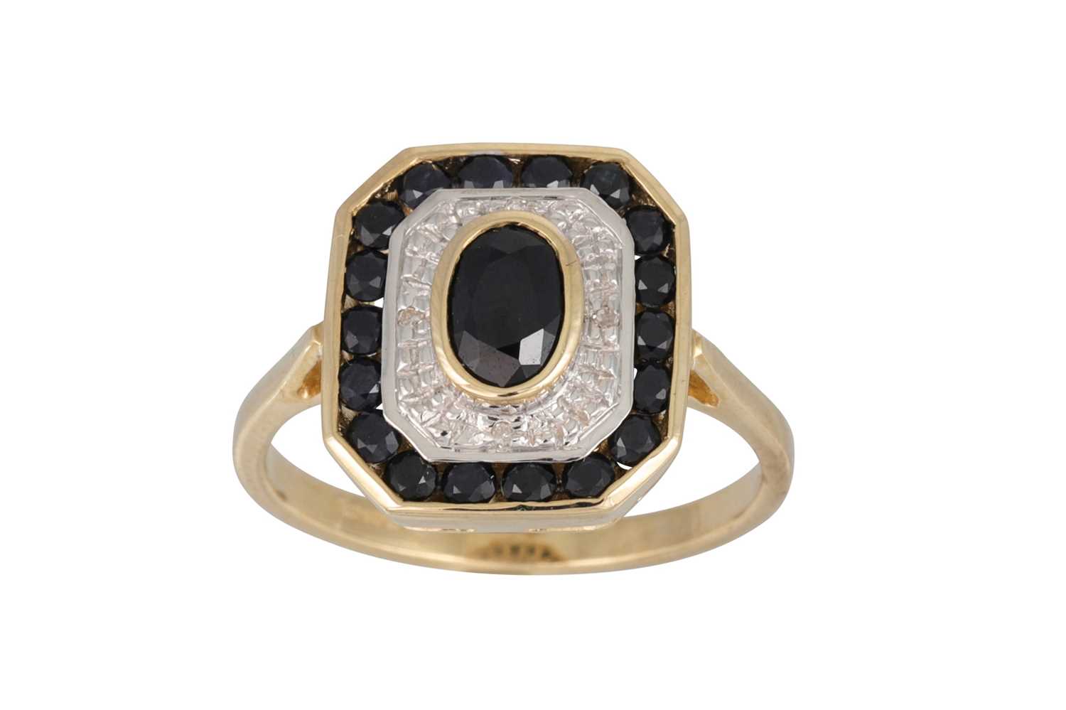 Lot 36 - A DIAMOND AND SAPPHIRE CLUSTER RING, octagonal...