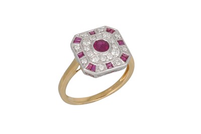 Lot 77 - A DIAMOND AND RUBY CLUSTER RING, of square...