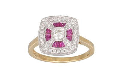 Lot 108 - A DIAMOND AND RUBY CLUSTER RING, of square...