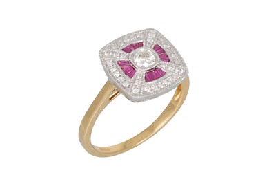Lot 108 - A DIAMOND AND RUBY CLUSTER RING, of square...