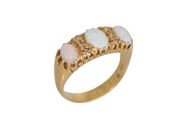Lot 185 - A VICTORIAN THREE STONE OPAL AND DIAMOND RING,...