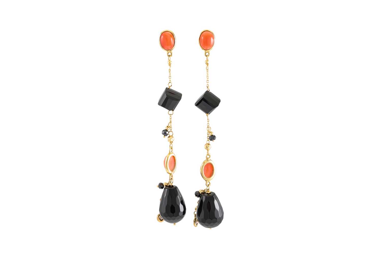 Lot 296 - A PAIR OF ONYX, DIAMOND AND CORAL DROP...