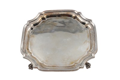 Lot 457 - A MODERN SQUARE FORM SILVER SALVER, set on...