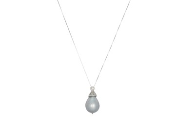 Lot 369 - A TAHITIAN PEARL AND DIAMOND PENDANT, to an...