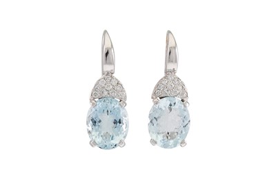 Lot 299 - A PAIR OF AQUAMARINE AND DIAMOND EARRINGS, the...