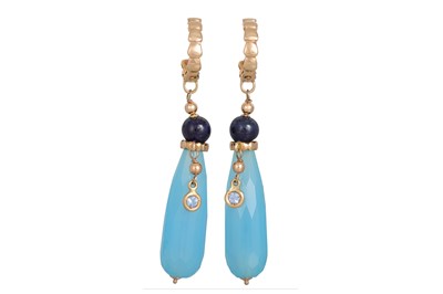 Lot 380 - A PAIR OF DROP EARRINGS, with blue chalcedony,...