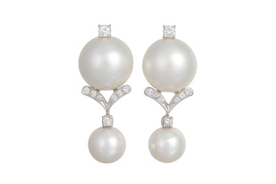 Lot 381 - A PAIR OF PEARL AND DIAMOND DROP EARRINGS, the...