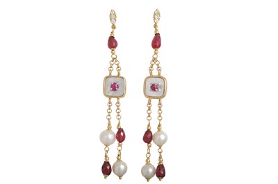 Lot 384 - A PAIR OF DROP EARRINGS, with mother of pearl,...