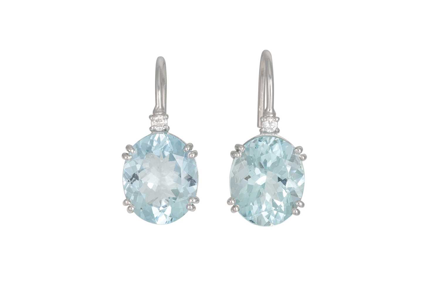 Lot 385 - A PAIR OF AQUAMARINE AND DIAMOND EARRINGS, the...