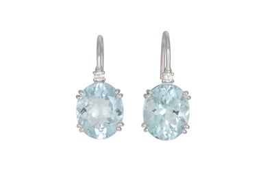 Lot 385 - A PAIR OF AQUAMARINE AND DIAMOND EARRINGS, the...