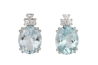 Lot 387 - A PAIR OF AQUAMARINE AND DIAMOND EARRINGS, the...