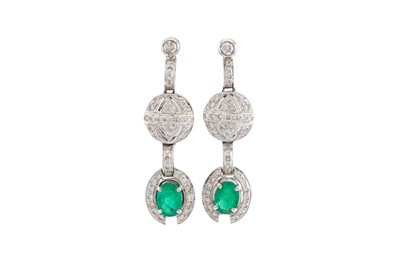 Lot 301 - A PAIR OF EMERALD AND DIAMOND DROP EARRINGS,...