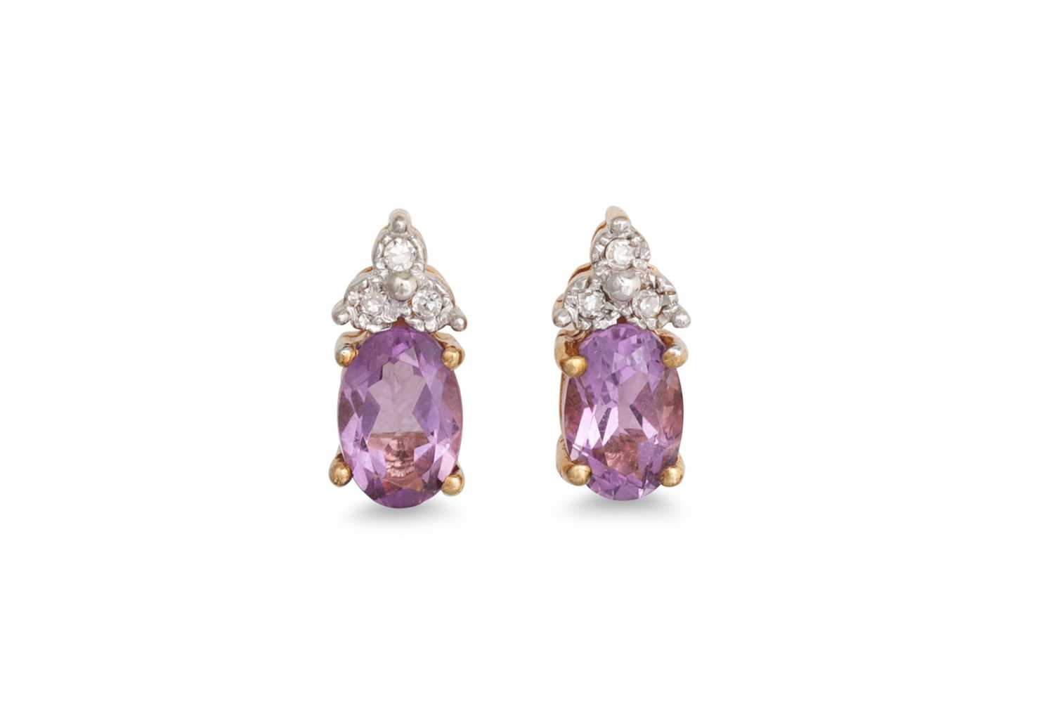 Lot 30 - A PAIR OF AMETHYST AND DIAMOND EARRINGS, set...