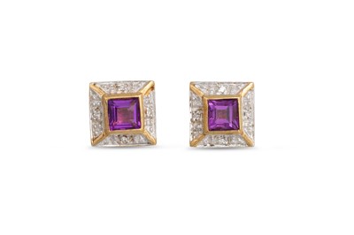 Lot 37 - A PAIR OF DIAMOND AND AMETHYST EARRINGS, of...