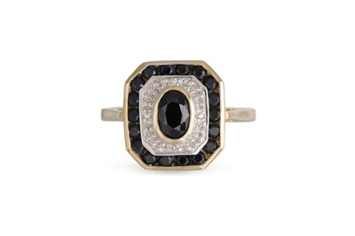 Lot 40 - A DIAMOND AND SAPPHIRE CLUSTER RING, of square...