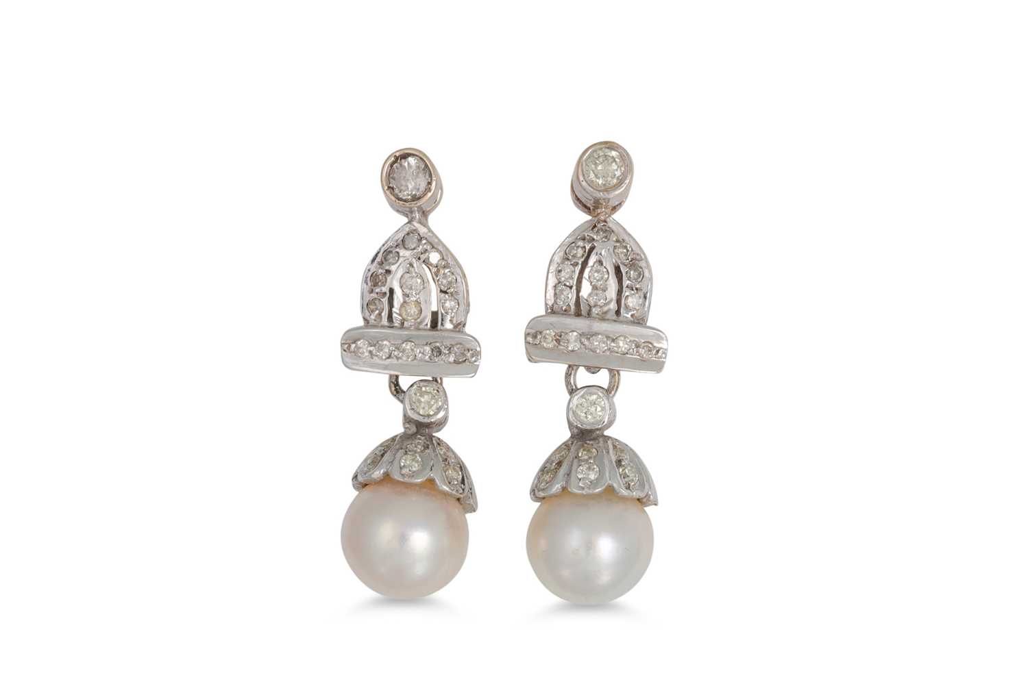 Lot 43 - A PAIR OF DIAMOND AND PEARL DROP EARRINGS, the...