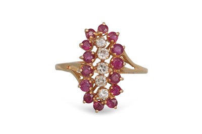 Lot 49 - A DIAMOND AND RUBY CLUSTER RING, of oblong...