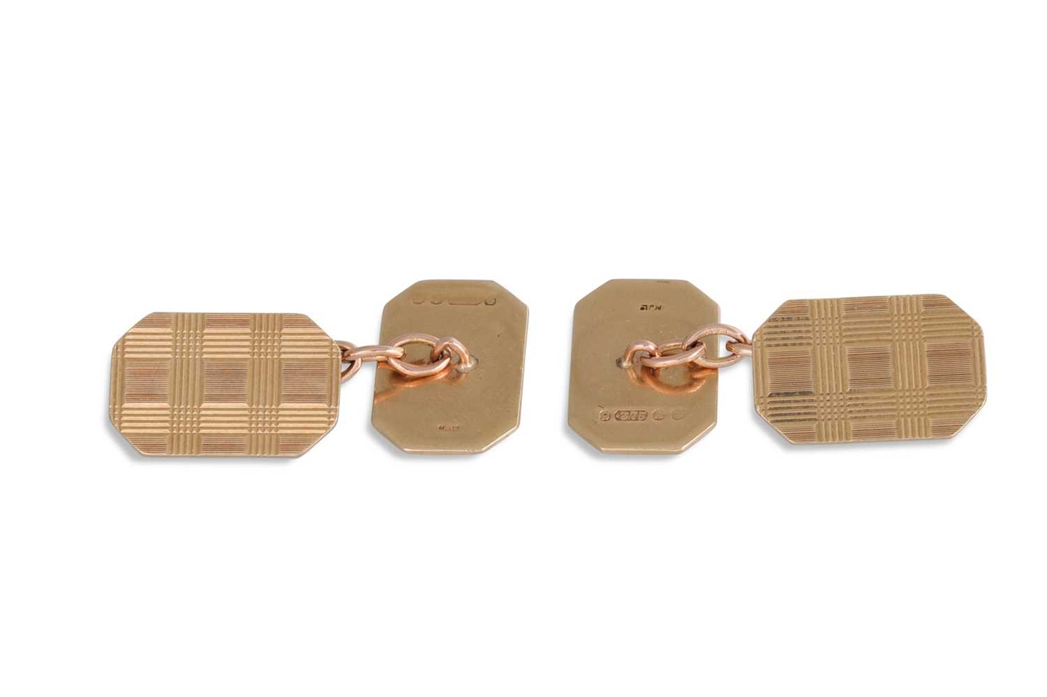 Lot 50 - A PAIR OF ANTIQUE 9CT GOLD CUFFLINKS, engine...