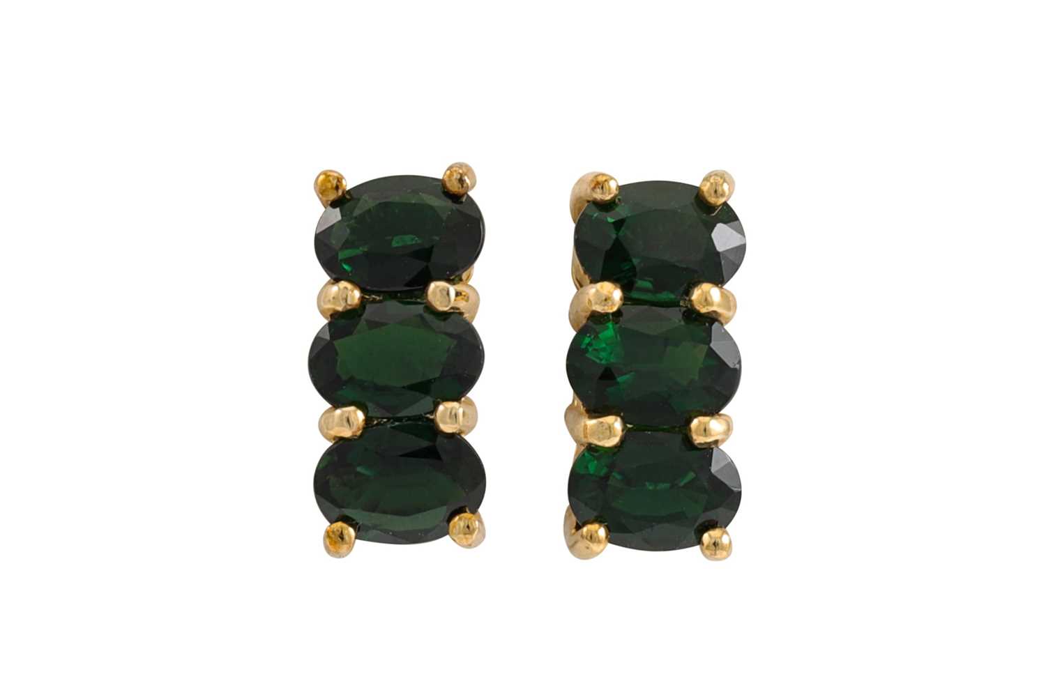 Lot 1 - A PAIR OF DIOPSIDE EARRINGS, mounted in yellow...