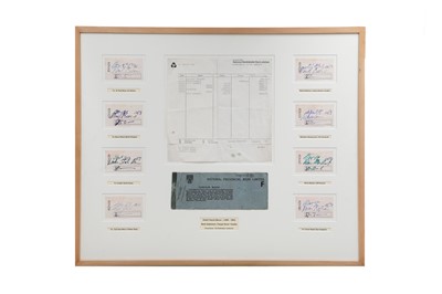 Lot 498 - A FRAMED COLLECTION OF CHEQUE STUBS FROM...