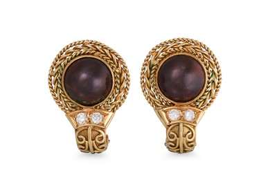 Lot 376 - A PAIR OF BLACK MABE PEARL AND DIAMOND EARRINGS