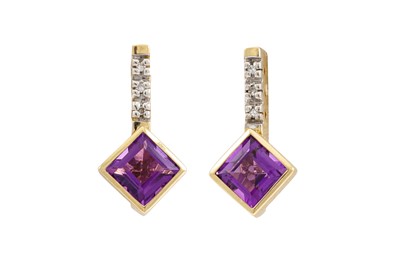 Lot 44 - A PAIR OF AMETHYST AND DIAMOND EARRINGS,...