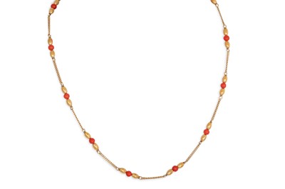 Lot 291 - A 9CT GOLD NECKLACE, with coral beads,...