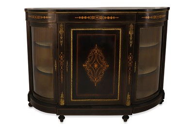 Lot 514 - AN EDWARDIAN INLAID EBONISED CREDENZA, curved...