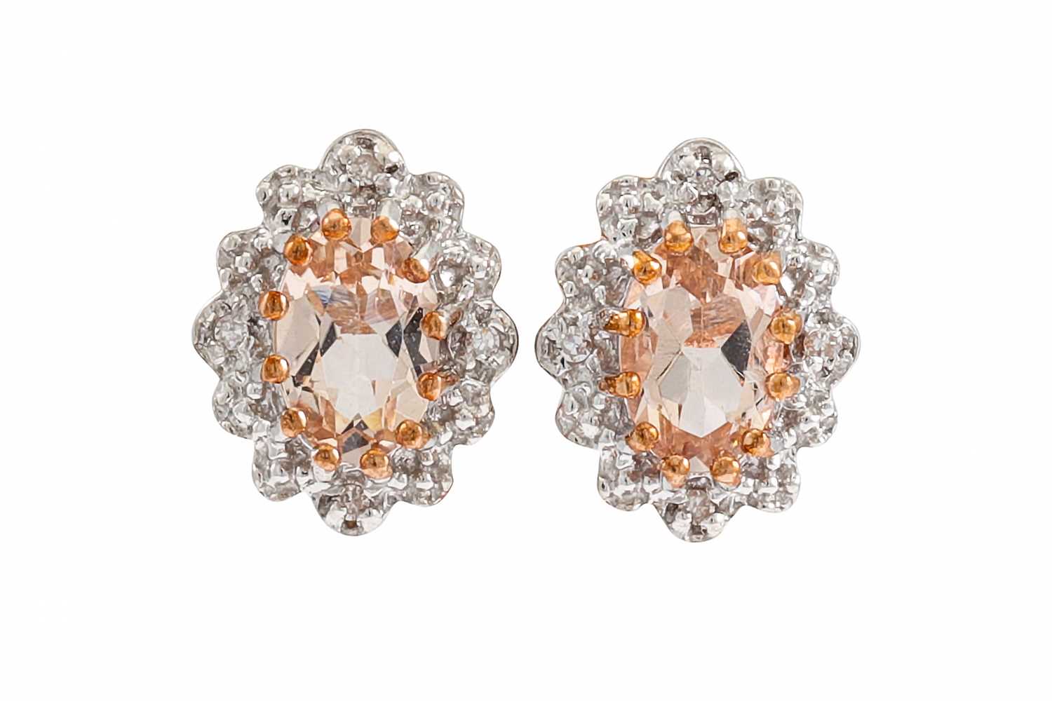 Lot 53 - A PAIR OF DIAMOND AND MORGANITE CLUSTER...