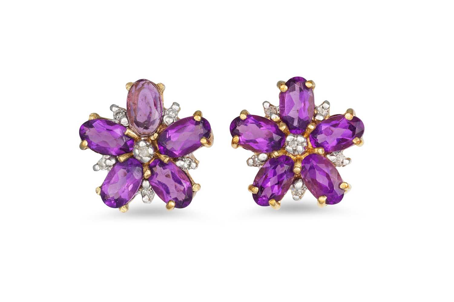 Lot 26 - A PAIR OF AMETHYST AND DIAMOND CLUSTER...