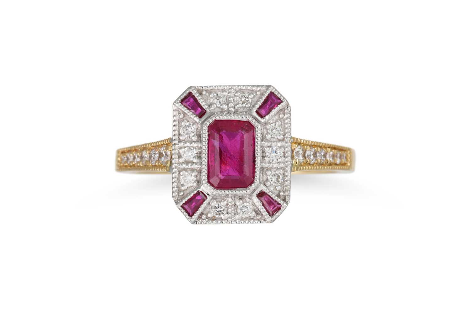 Lot 37 - A DIAMOND AND RUBY CLUSTER RING, of plaque...