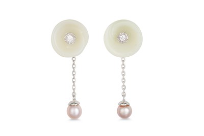 Lot 41 - A PAIR OF DIAMOND AND WHITE JADE EARRINGS,...