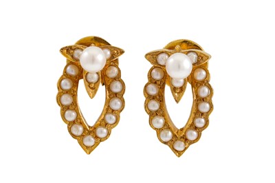 Lot 55 - A PAIR OF PEARL CLUSTER EARRINGS, shaped...