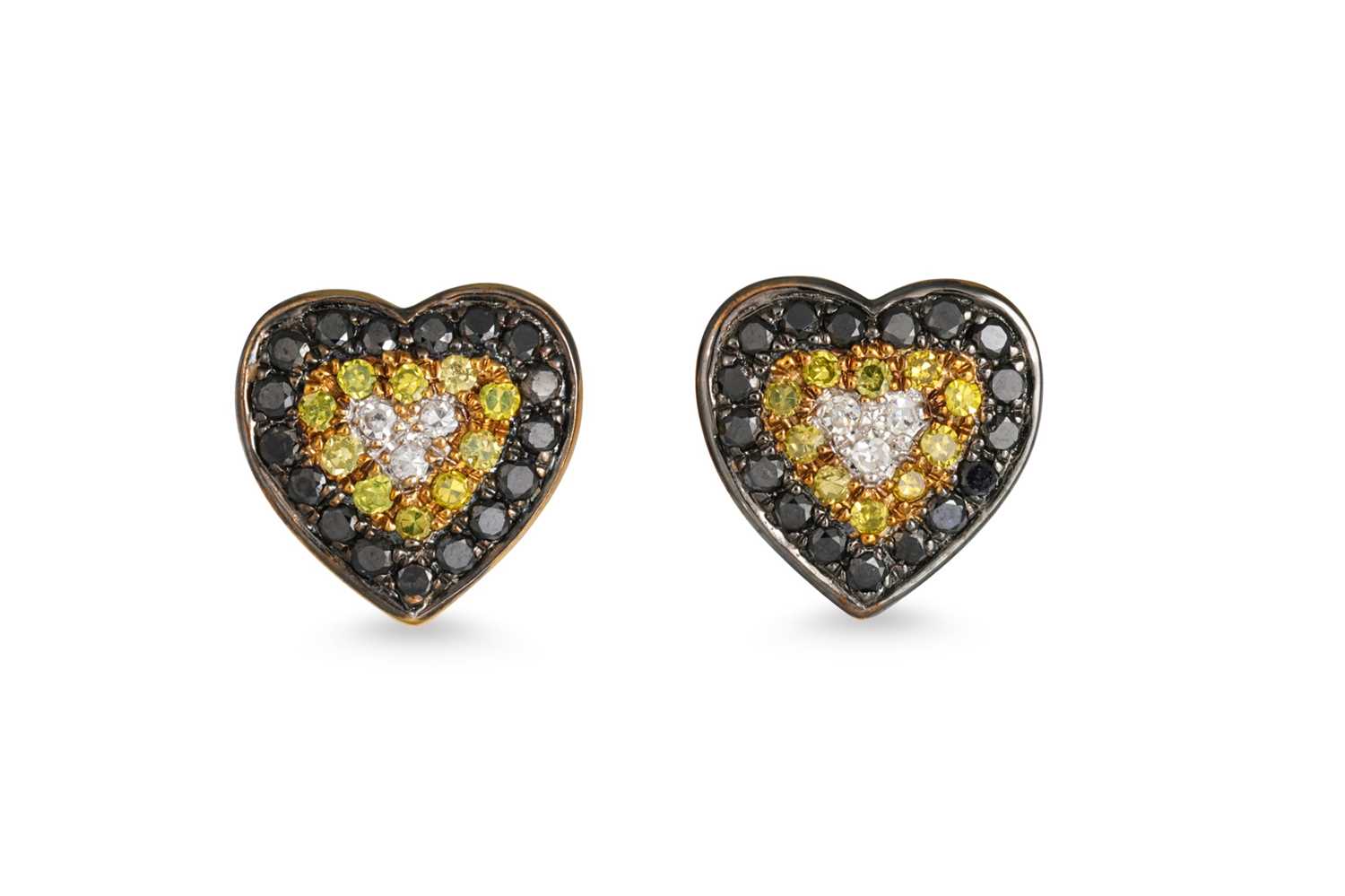Lot 87 - A PAIR OF THREE COLOUR DIAMOND CLUSTER...
