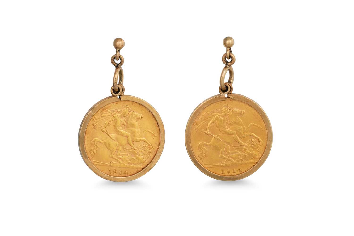 Lot 6 - A PAIR OF GOLD HALF SOVEREIGN EARRINGS, yellow...