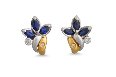 Lot 404 - A PAIR OF TWO COLOUR GOLD DIAMOND AND SAPPHIRE...
