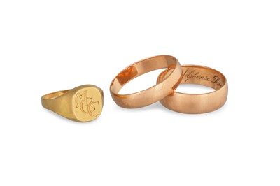 Lot 456 - TWO ANTIQUE CONTINENTAL GOLD WEDDING BANDS,...