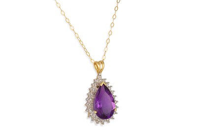 Lot 114 - A DIAMOND AND AMETHYST PENDANT, the pear...